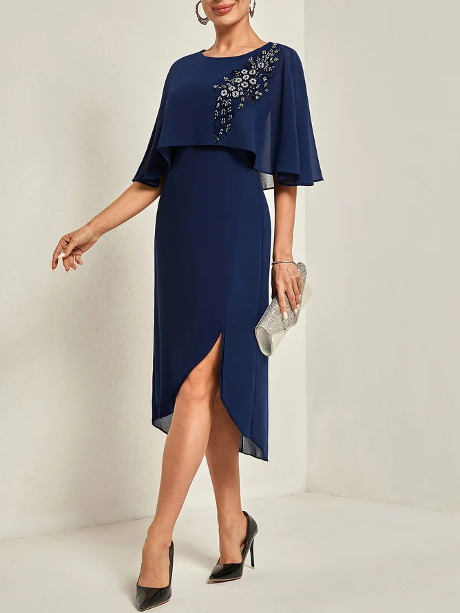 Purplish blue Asymmetric Chiffon Crew Neck Short Sleeve A-Line Midi Dress