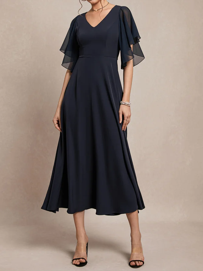 Purplish blue Chiffon V Neck Short Sleeve Bell Sleeve A-Line Midi Dress