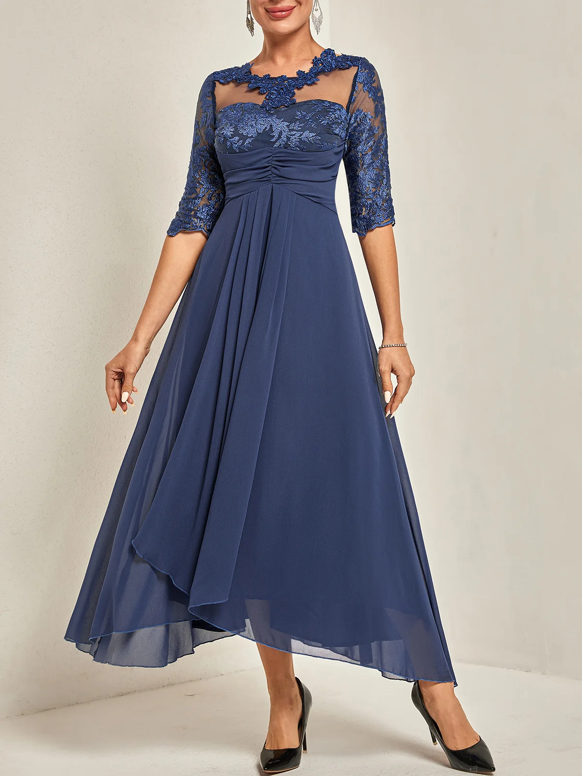 Purplish blue Asymmetric Chiffon Crew Neck Half Sleeve A-Line Maxi Dress