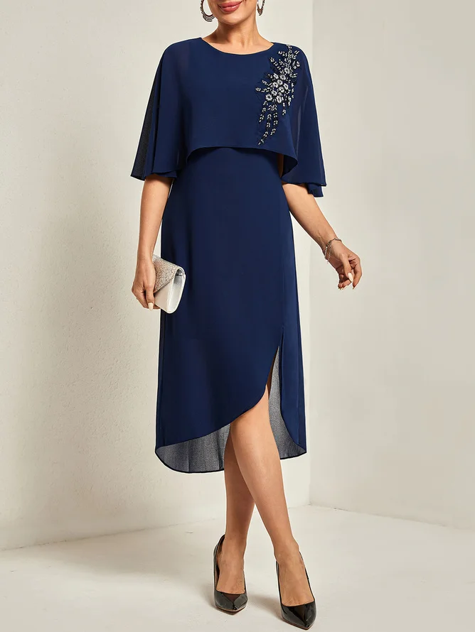 Purplish blue Asymmetric Chiffon Crew Neck Short Sleeve A-Line Midi Dress