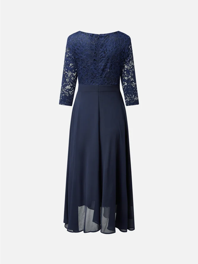 Purplish blue Lace Chiffon Crew Neck Half Sleeve A-Line Midi Dress