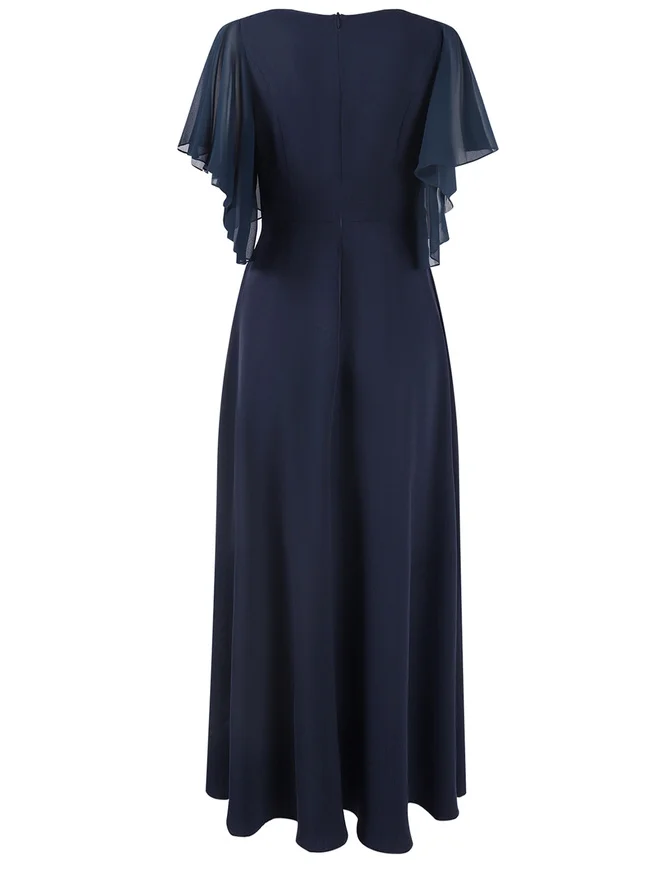 Purplish blue Chiffon V Neck Short Sleeve Bell Sleeve A-Line Midi Dress