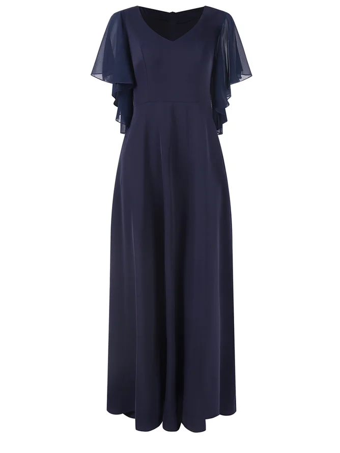 Purplish blue Chiffon V Neck Short Sleeve Bell Sleeve A-Line Midi Dress