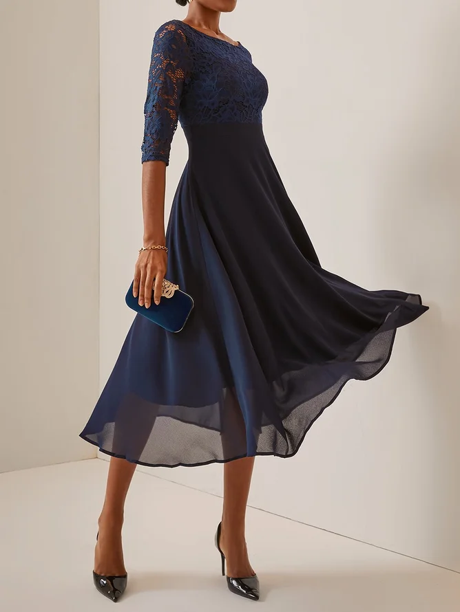 Purplish blue Lace Chiffon Crew Neck Half Sleeve A-Line Midi Dress