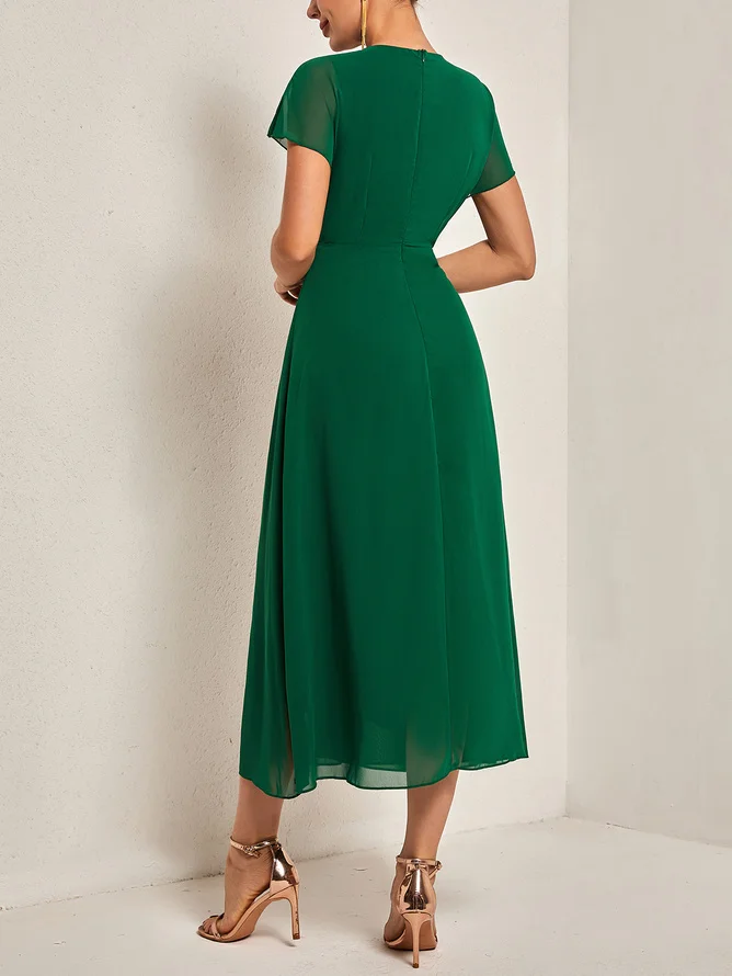 Green Asymmetric Chiffon V Neck Short Sleeve A-Line Midi Dress