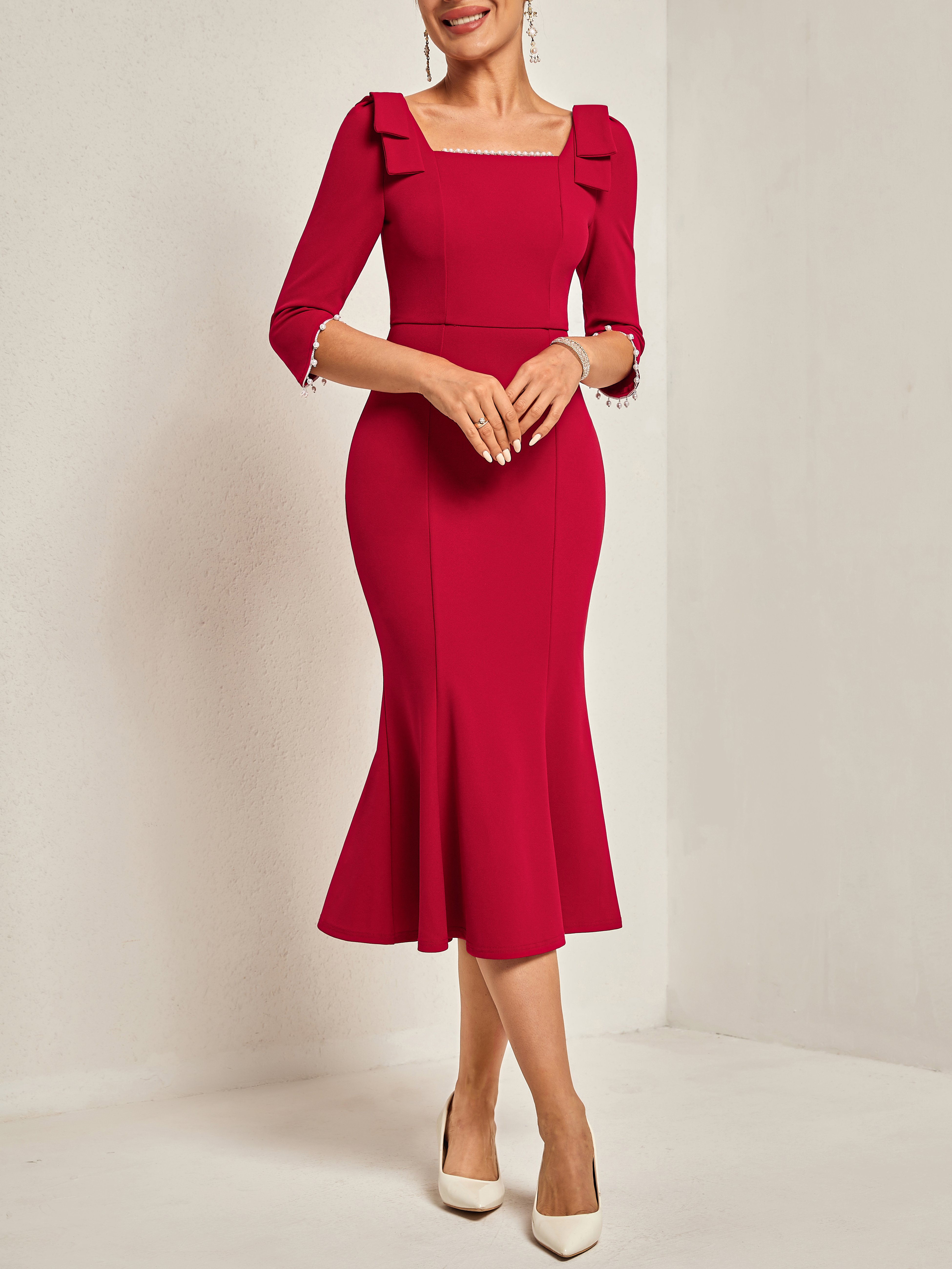 Red Beaded Mermaid Skirt Square Neck Three Quarter Sleeve Mermaid Midi Dress