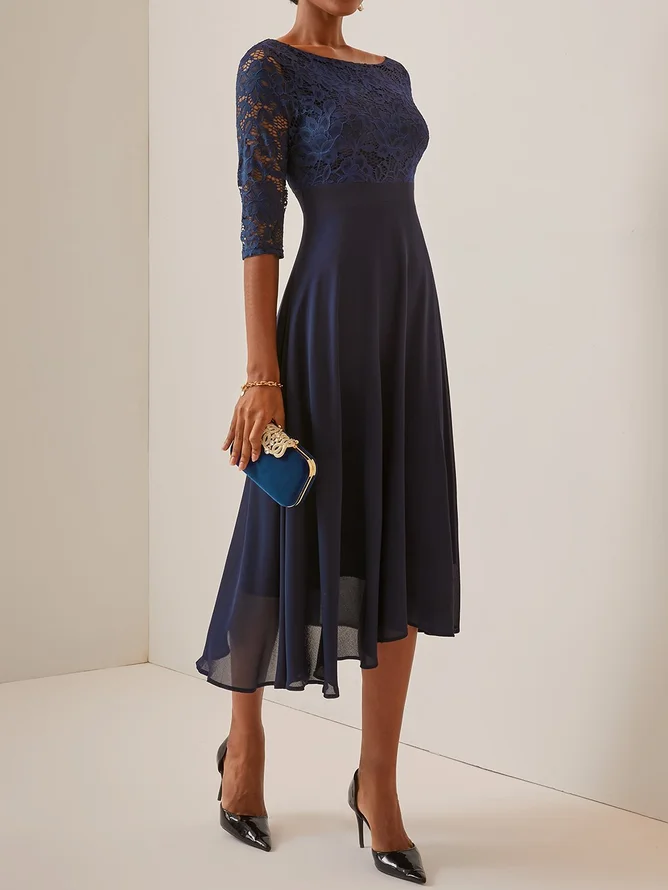 Purplish blue Lace Chiffon Crew Neck Half Sleeve A-Line Midi Dress