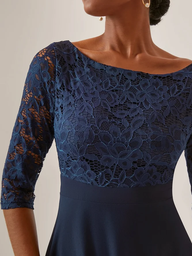 Purplish blue Lace Chiffon Crew Neck Half Sleeve A-Line Midi Dress