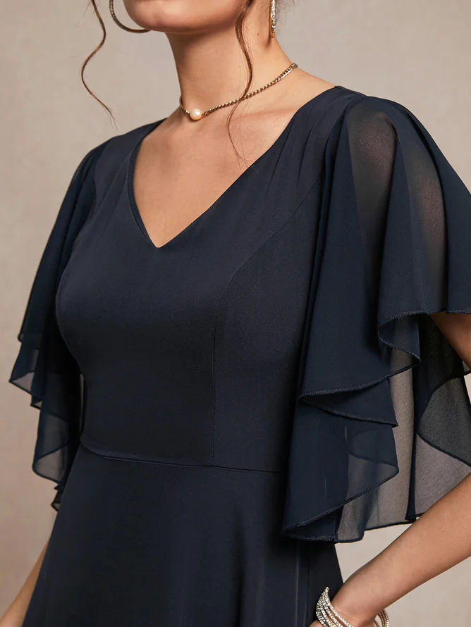 Purplish blue Chiffon V Neck Short Sleeve Bell Sleeve A-Line Midi Dress