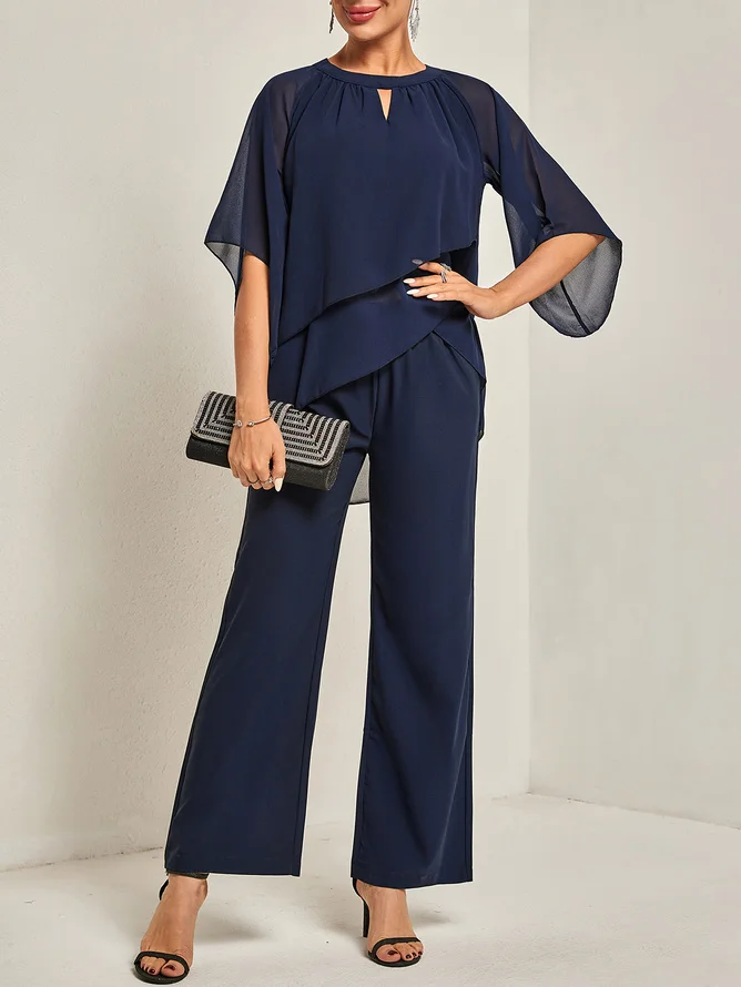 Women Chiffon Asymmetric Crew Neck Half Sleeve Two-Piece Set