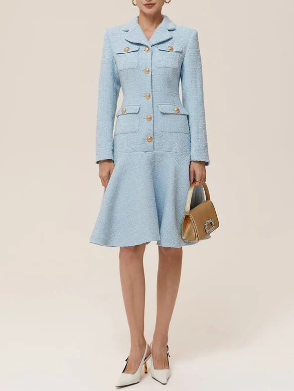 Light Blue Lapel Collar Pocket A-Line Midi Tweed Blazer Dress