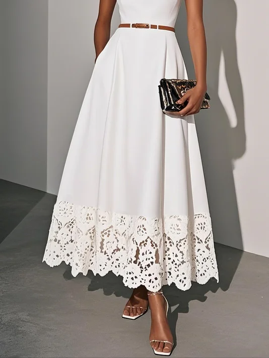 White Lace Classic Square Neck Sleeveless A-Line Maxi Dress