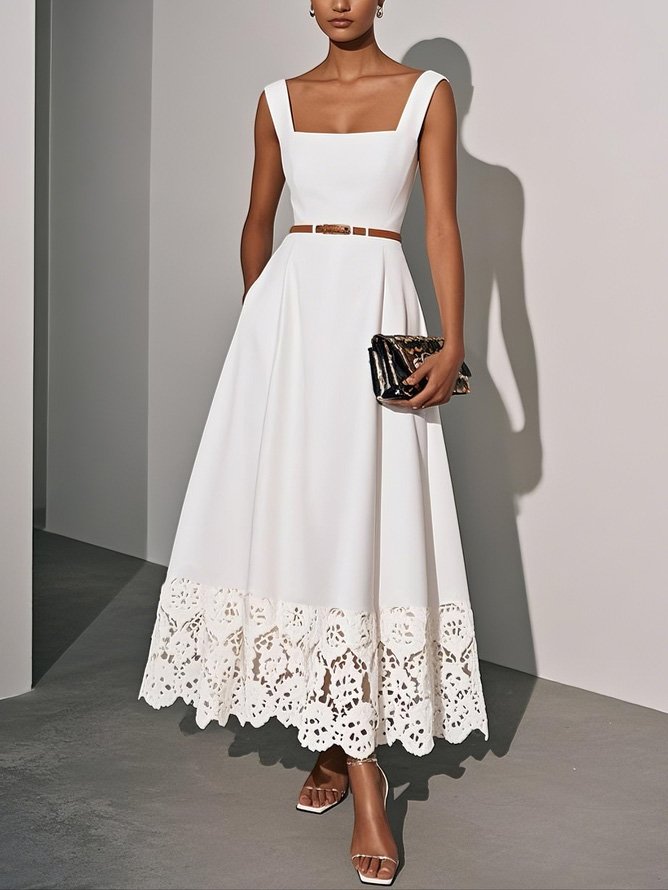 White Lace Classic Square Neck Sleeveless A-Line Maxi Dress