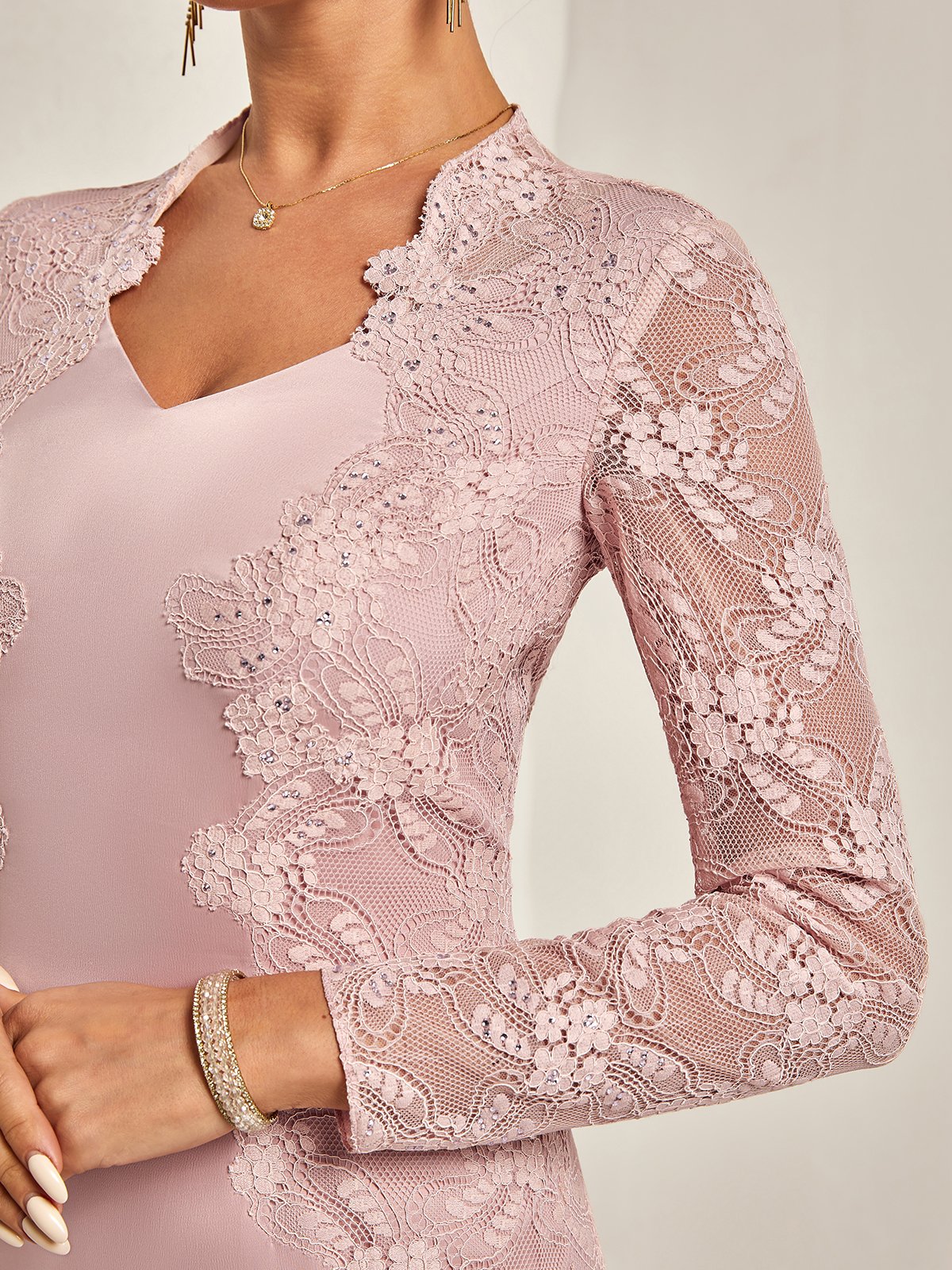 Pink Lace V Neck Long Sleeve Sheath Midi Dress