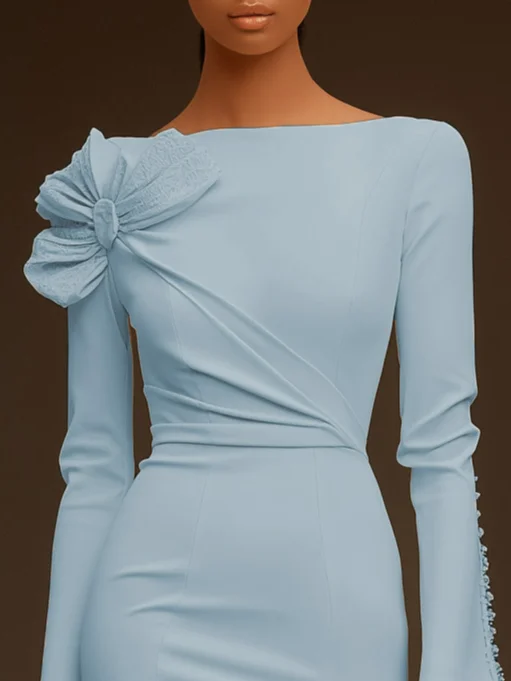 Cream White Bow Long Sleeve Sheath Midi Dress