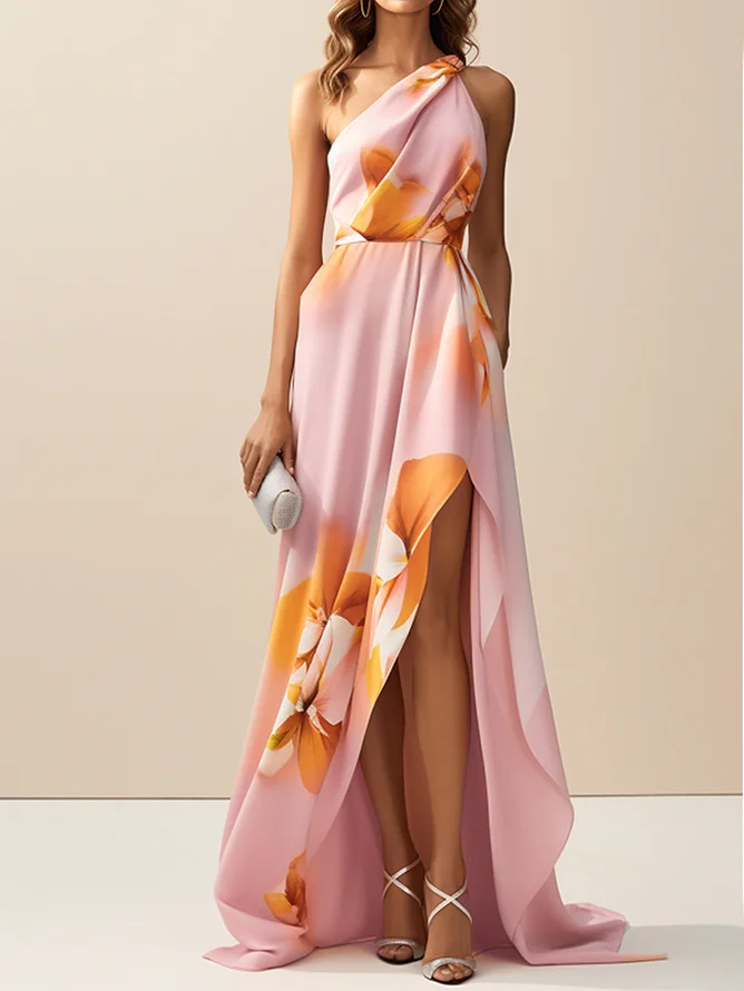 Orange Pink Floral One-Shoulder Slit A-Line Gown