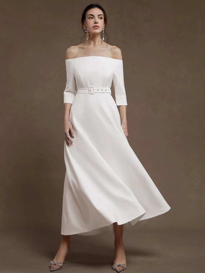 White Classic Off The Shoulder Half Sleeve A-Line Maxi Dress