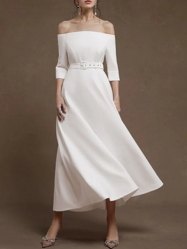 White Classic Off The Shoulder Half Sleeve A-Line Maxi Dress