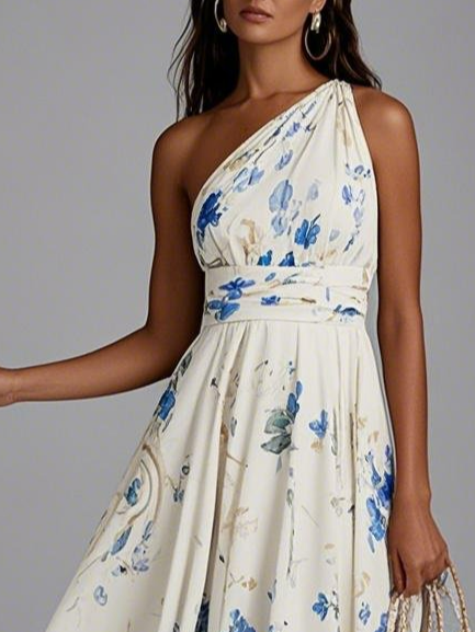 Off White Floral One Shoulder A-Line Maxi Chiffon Dress