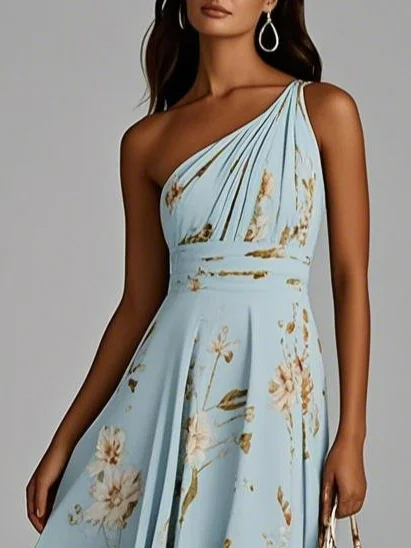 Light Blue Floral One Shoulder A-Line Maxi Chiffon Dress