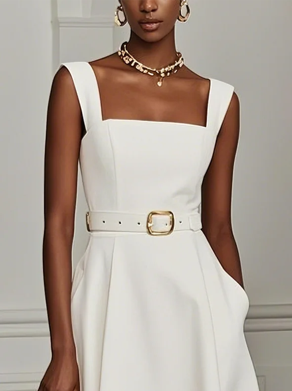 White Classic Square Neck Sleeveless Bell Sleeve A-Line Midi Dress