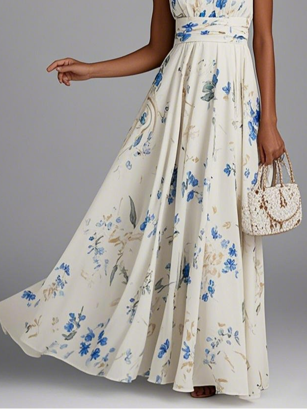 Off White Floral One Shoulder A-Line Maxi Chiffon Dress