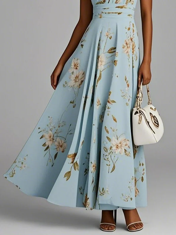 Light Blue Floral One Shoulder A-Line Maxi Chiffon Dress