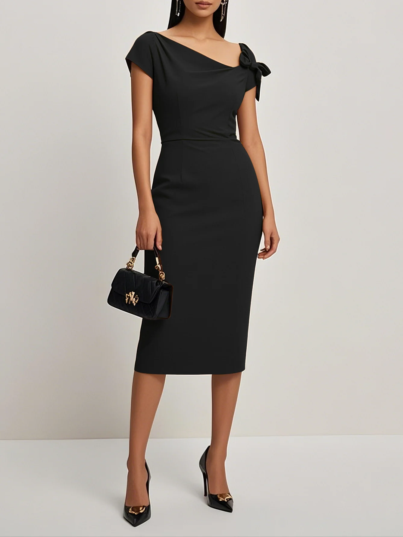 Black Bow Short Sleeve Sheath Midi Dress