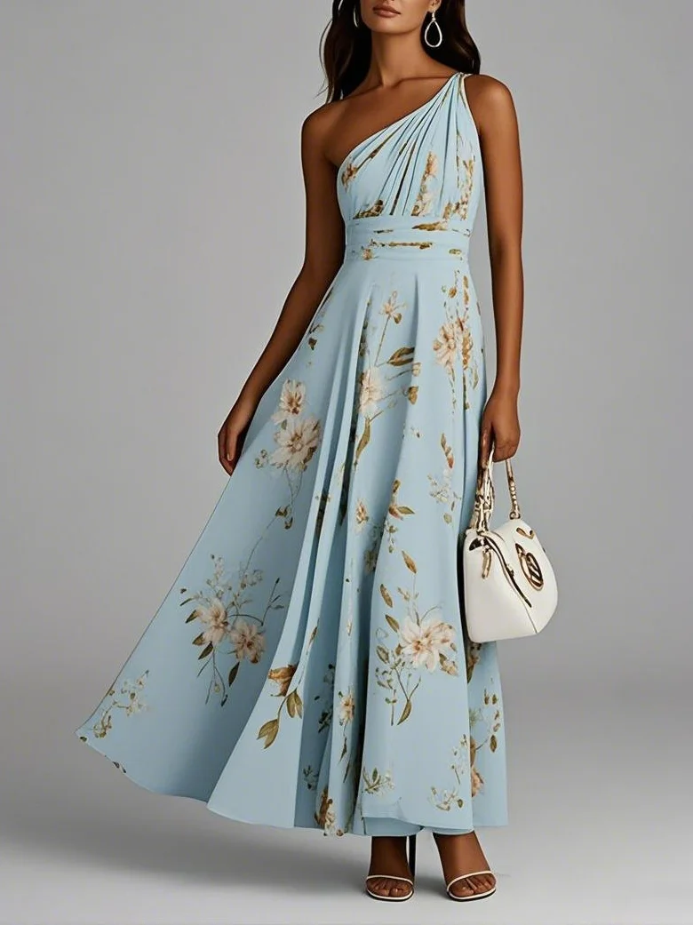 Light Blue Floral One Shoulder A-Line Maxi Chiffon Dress