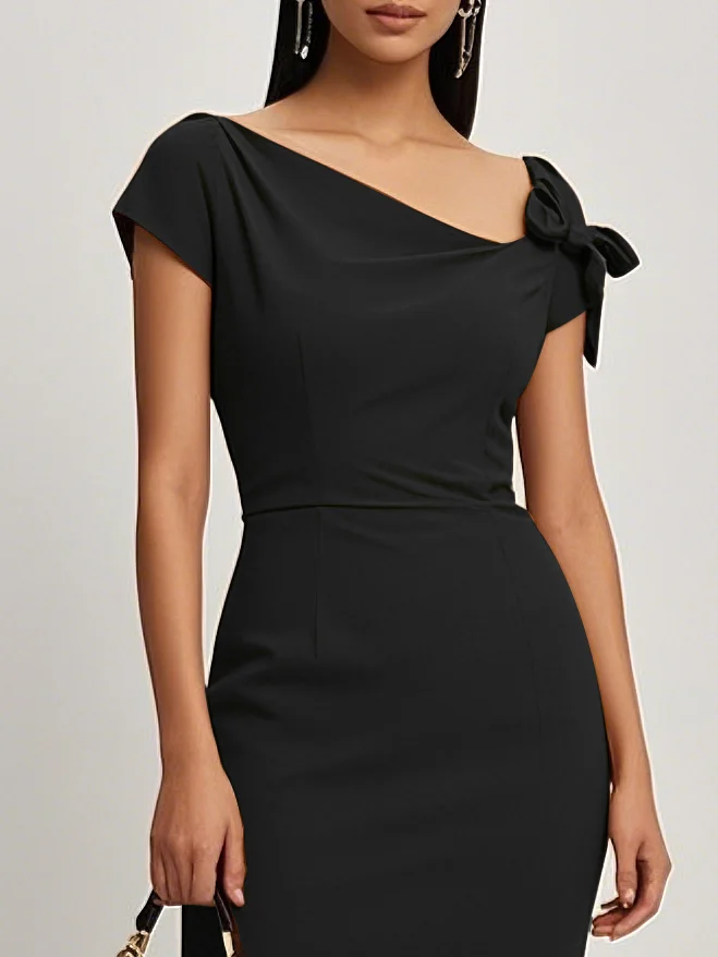 Black Bow Short Sleeve Sheath Midi Dress