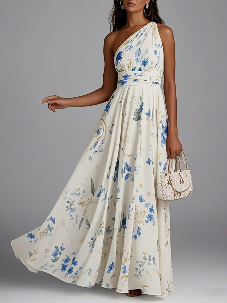 Off White Floral One Shoulder A-Line Maxi Chiffon Dress