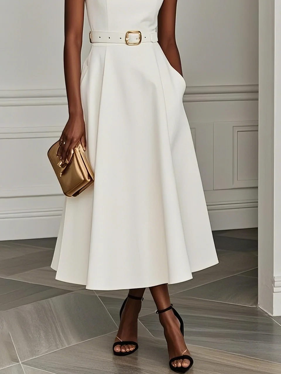 White Classic Square Neck Sleeveless Bell Sleeve A-Line Midi Dress