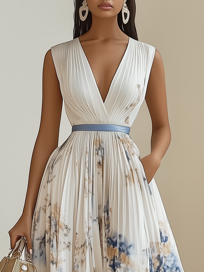 White Pleated Floral Chiffon V Neck Sleeveless A-Line Midi Dress