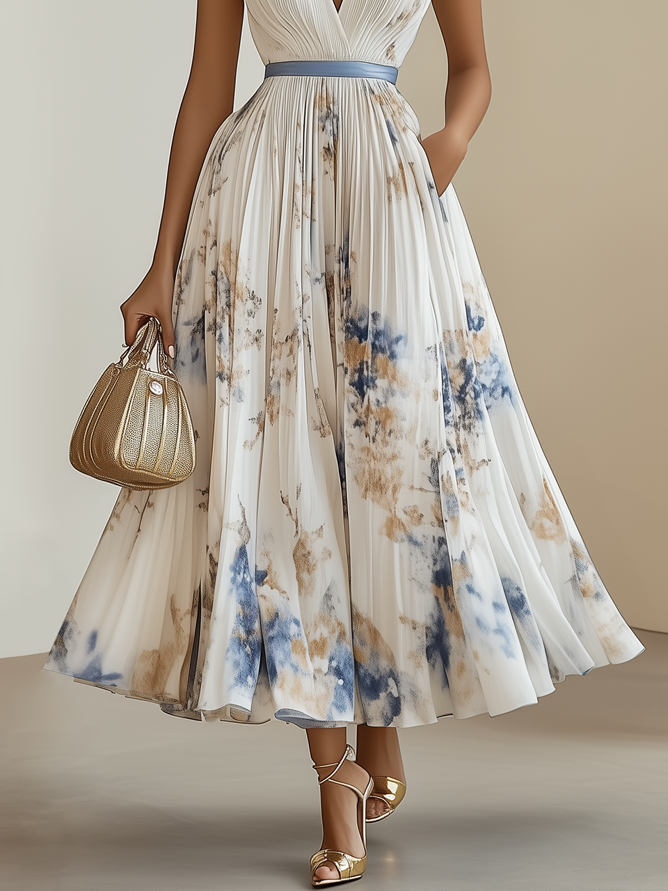 White Pleated Floral Chiffon V Neck Sleeveless A-Line Midi Dress