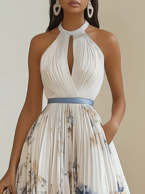 White Pleated Floral Chiffon Halter Sleeveless A-Line Maxi Dress