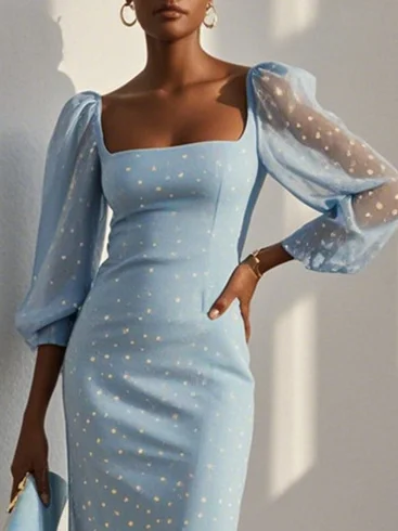 Light Blue Chiffon Square Neck Long Balloon Sleeve Sheath Midi Dress