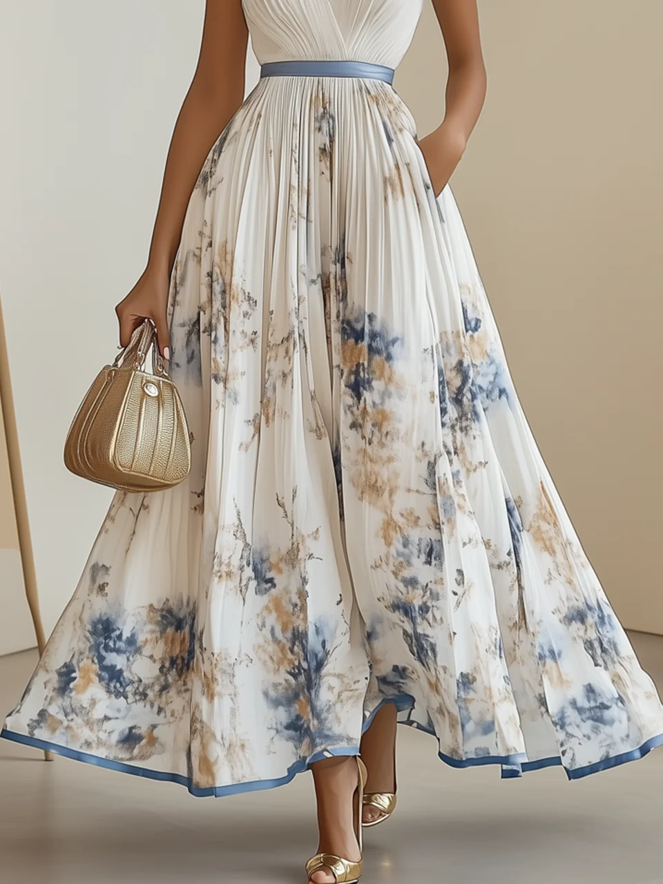 White Pleated Floral Chiffon Halter Sleeveless A-Line Maxi Dress