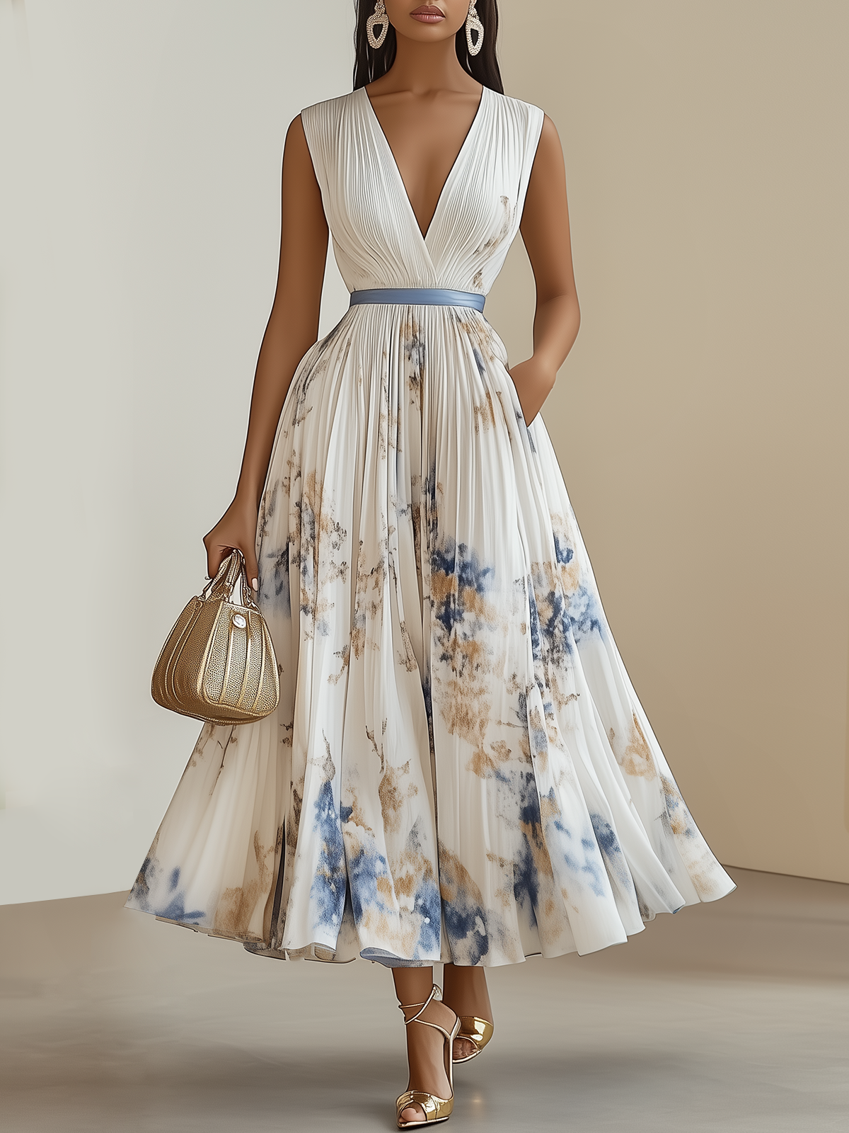 White Pleated Floral Chiffon V Neck Sleeveless A-Line Midi Dress