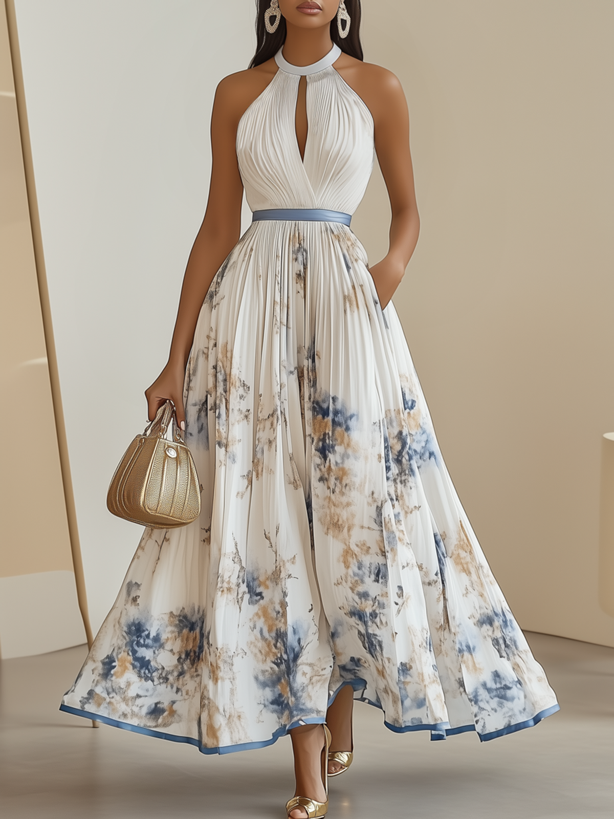 White Pleated Floral Chiffon Halter Sleeveless A-Line Maxi Dress