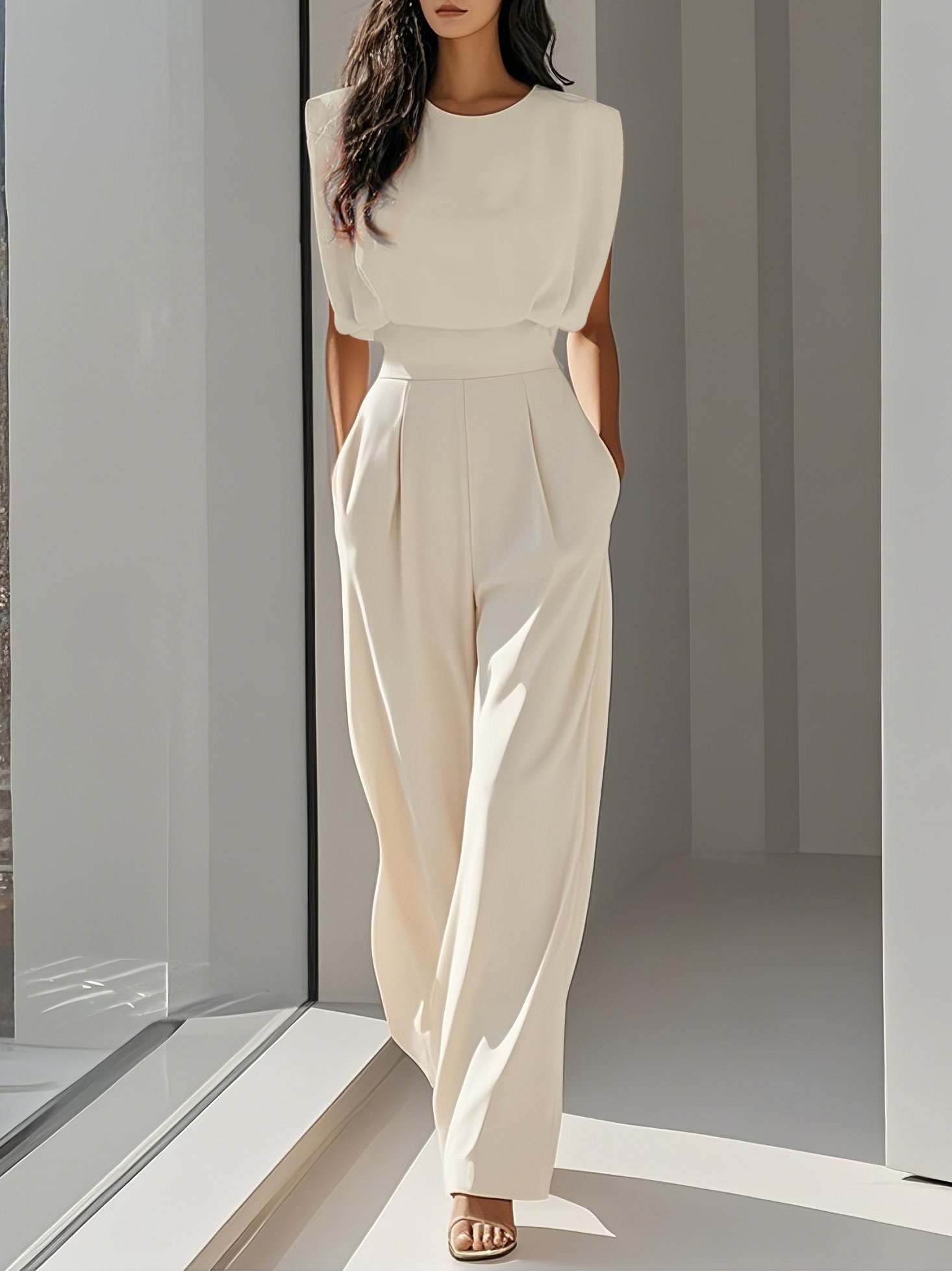 Off White Crew Neck Plain Ruched Urban Jumpsuit 