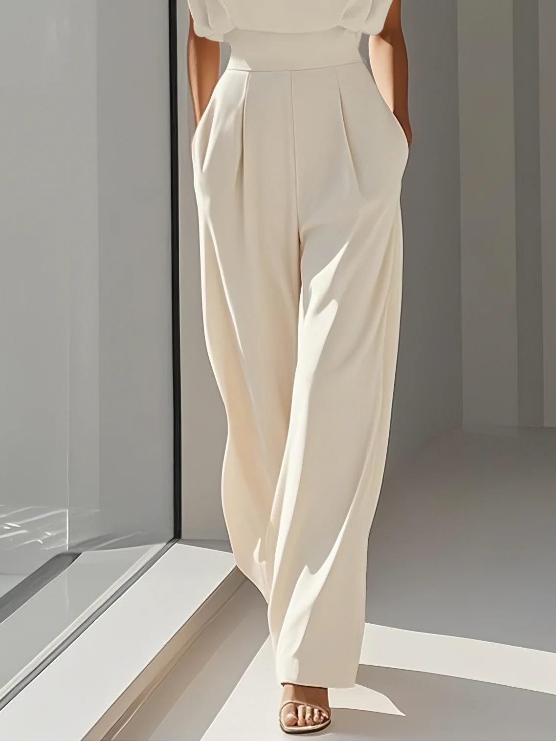 Off White Crew Neck Plain Ruched Urban Jumpsuit 