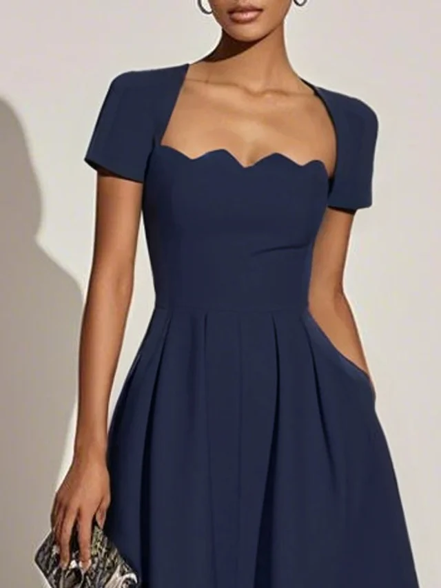 Purplish Blue Irregular Craftsmanship Classic Square Neck Short Sleeve A-Line Midi Dress