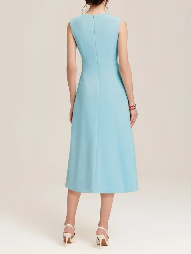 Light Blue Sleeveless Midi Elegant A-line Dress with Waist Twist for Day-to-Night