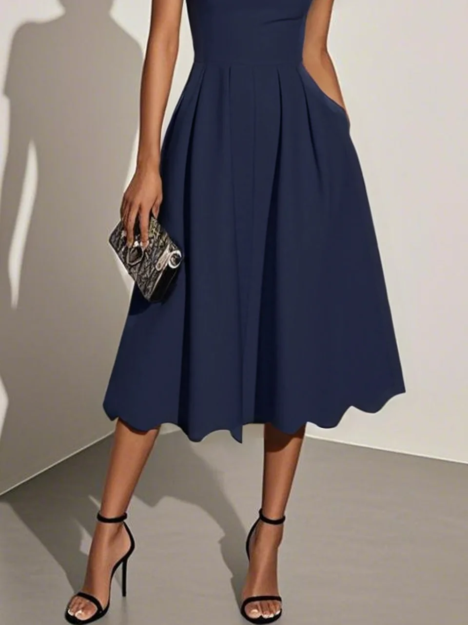 Purplish Blue Irregular Craftsmanship Classic Square Neck Short Sleeve A-Line Midi Dress