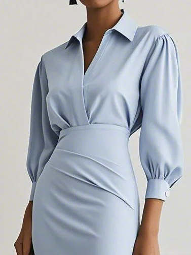 Light Gray Classic Shirt Collar Long Sleeve Sheath Midi Two-Piece Dress