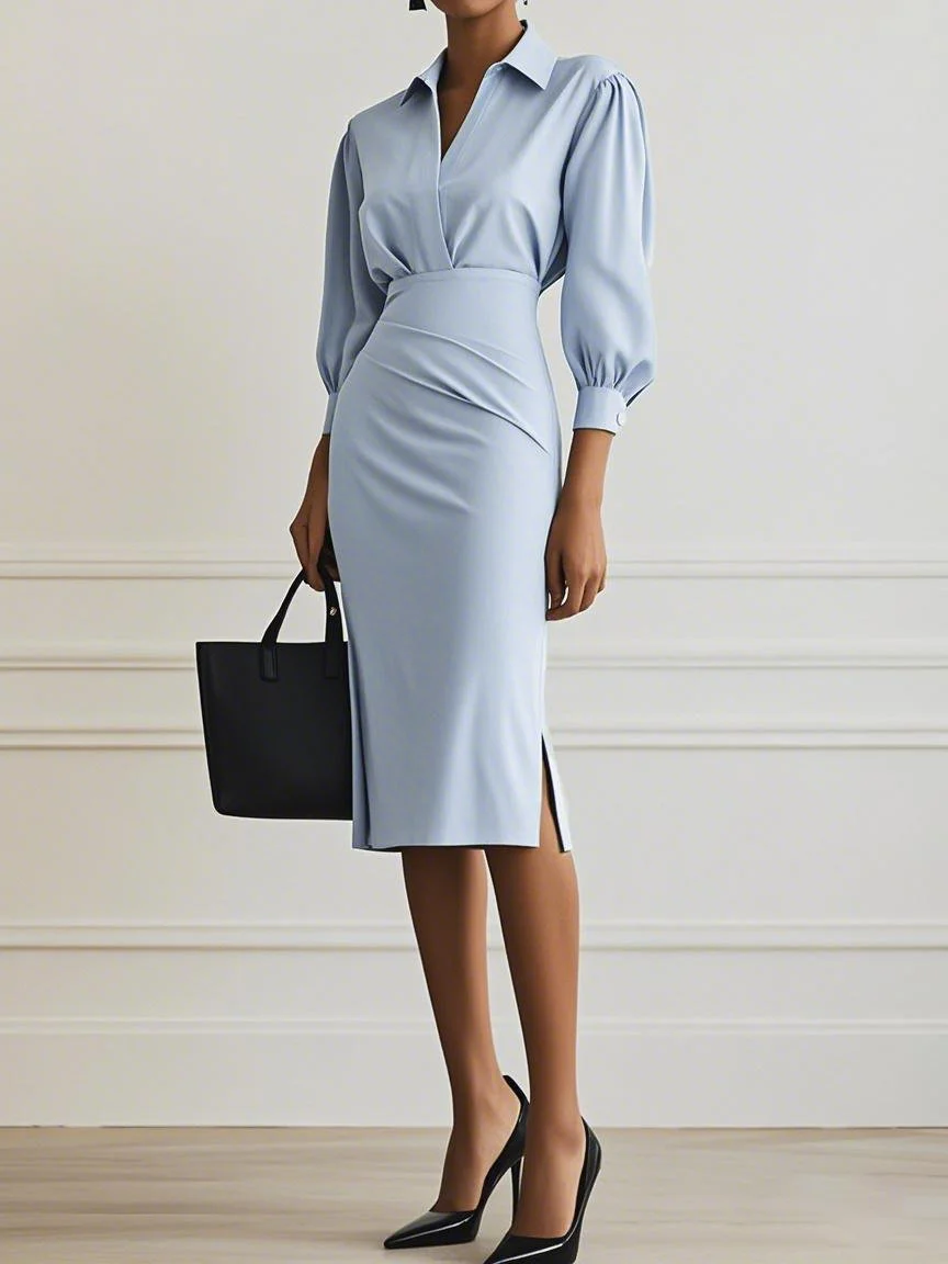 Light Gray Classic Shirt Collar Long Sleeve Sheath Midi Two-Piece Dress