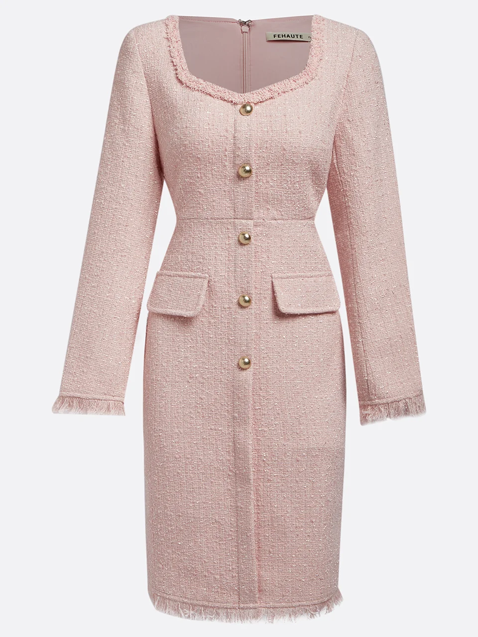 Pink Square Neck Long Sleeve Sheath Midi Tweed Blazer Dress