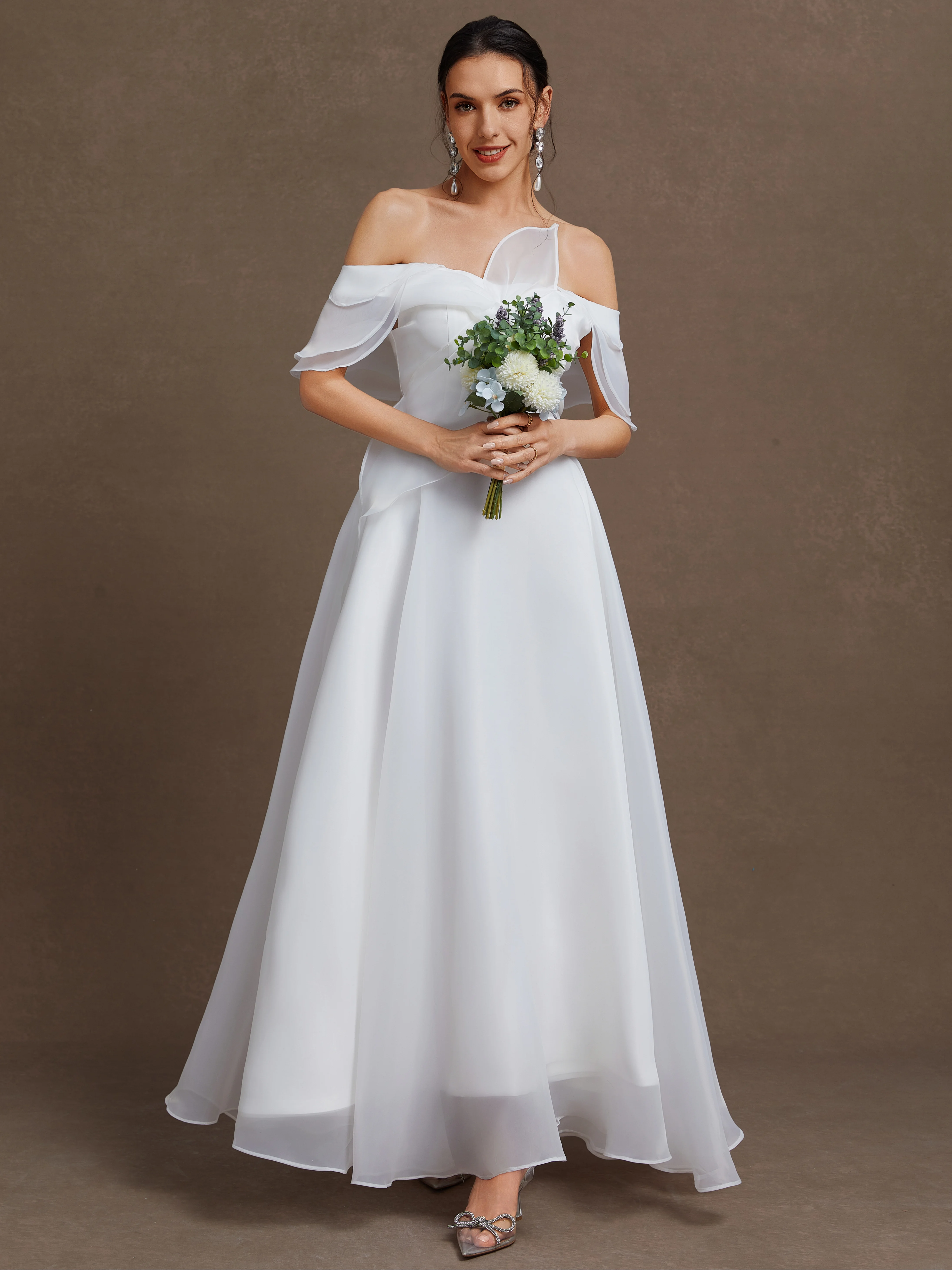 White Wedding Dress Off The Shoulder Short Sleeve A-Line Gown