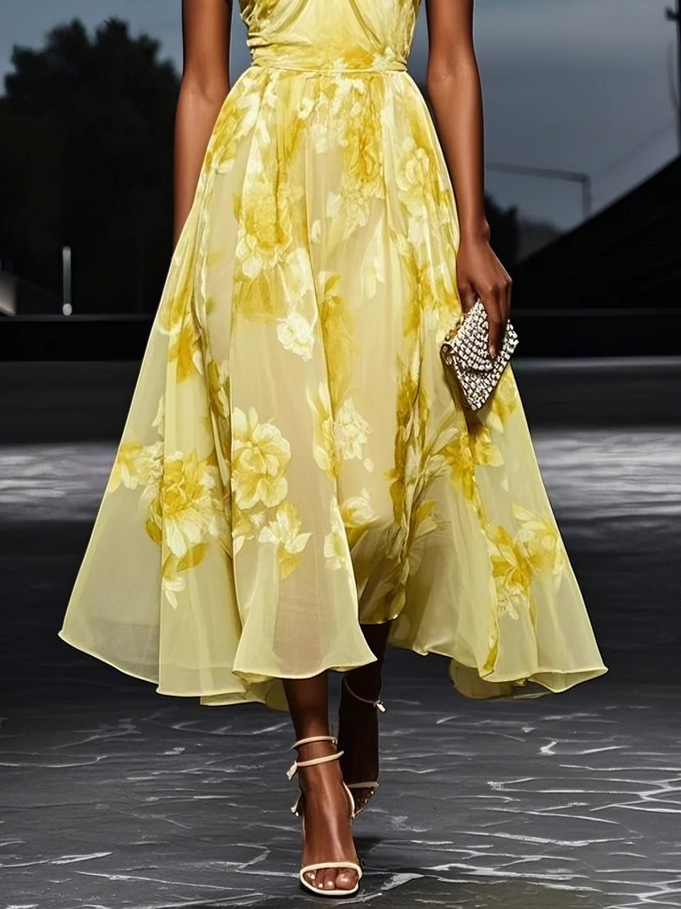 Yellow  Floral Chiffon Halter Sleeveless A-Line Midi Dress