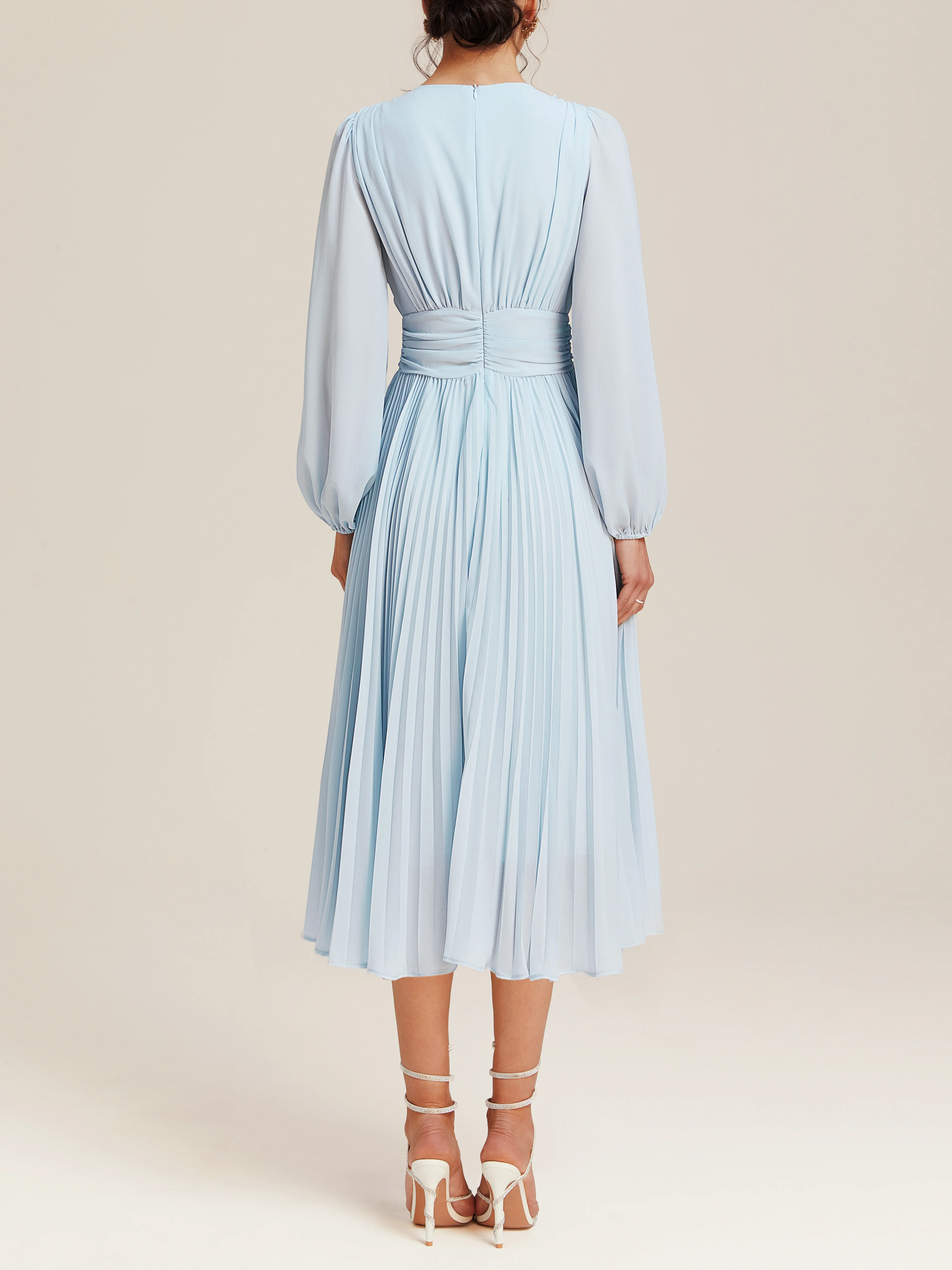 Light Blue Pleated Ruched Balloon Sleeve A-Line Midi Chiffon Dress